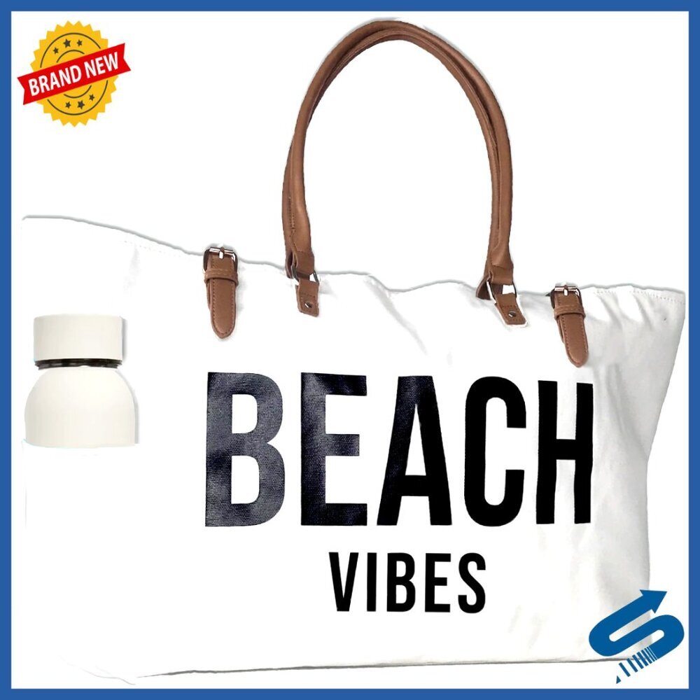 Waterproof Beach Tote with Vegan Leather Handles Foldable Travel Bag Large